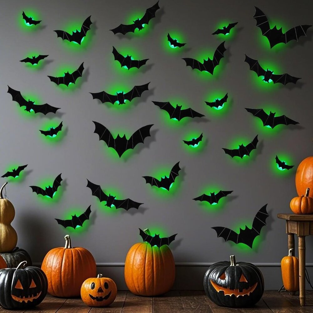 36 Pack Bats Halloween Decorations- Light Up Bat Wall Stickers with Green LED, 3 - Picture 6 of 7